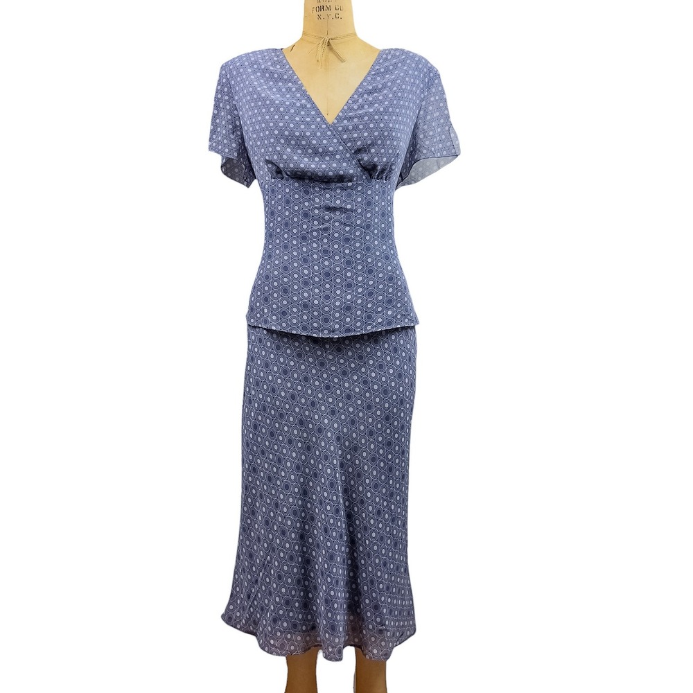 Vintage 70s Geometric Peplum Maxi Dress Layer Chiffon Soft Structured Abstract M